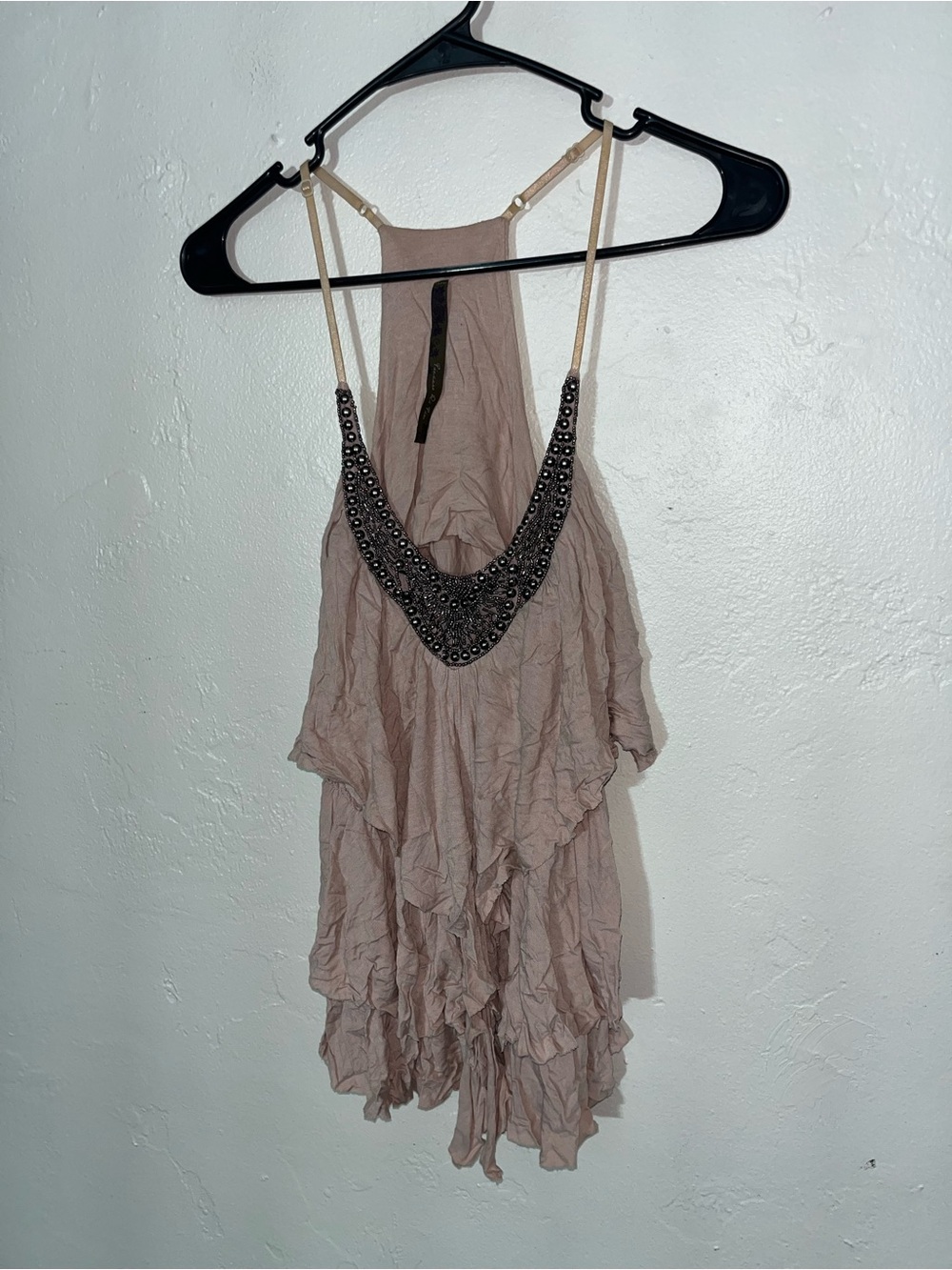 Boho Fairy Layered Y2K Beaded Halter Ruffle Tank Top Camisole Cami Blush Pink